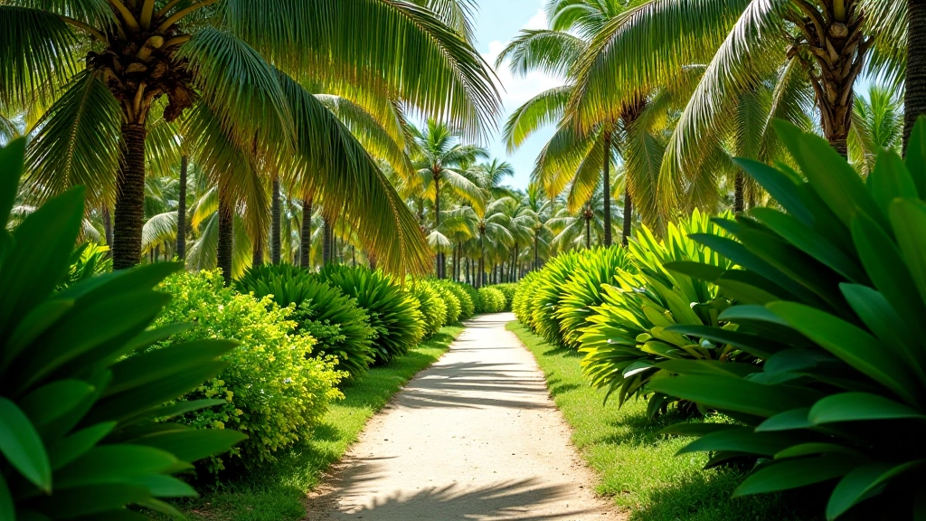 Hermoso sendero entre palmeras y cocoteros en la playa de Luquillo con vegetación tropical