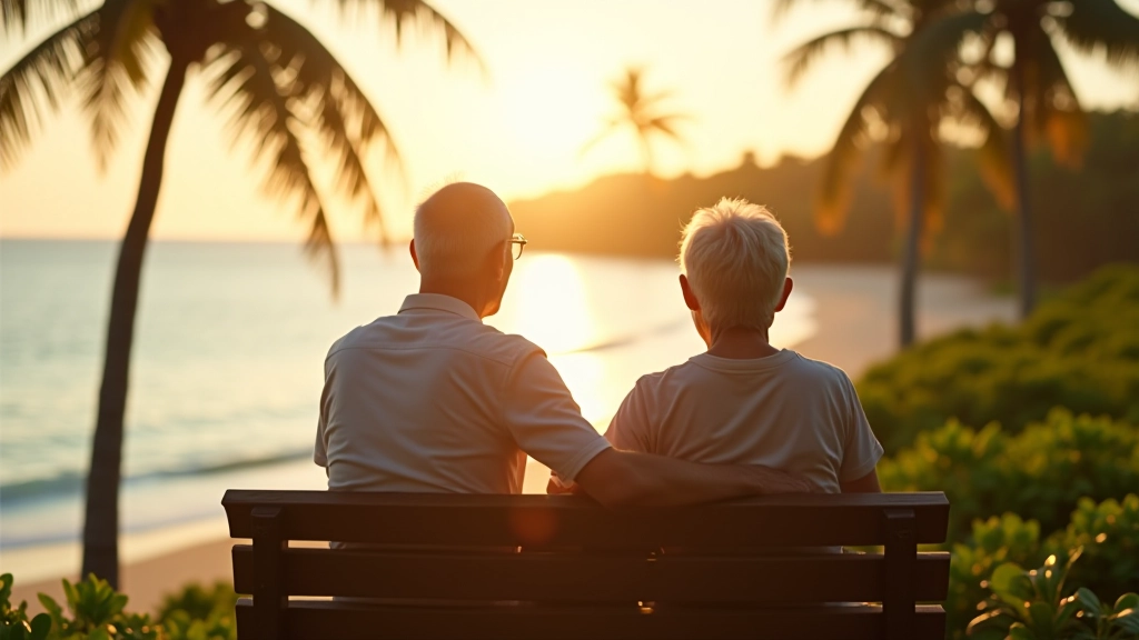 Pareja de jubilados descansando en un banco de mirador con vista al océano y palmeras, luz dorada de atardecer
