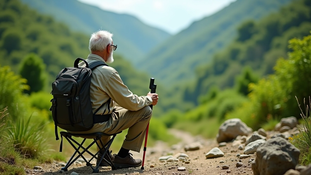 Hombre mayor sentado en banqueta de trekking con bastón, mirando hacia valle verde, sendero rocoso, mochila roja en suelo