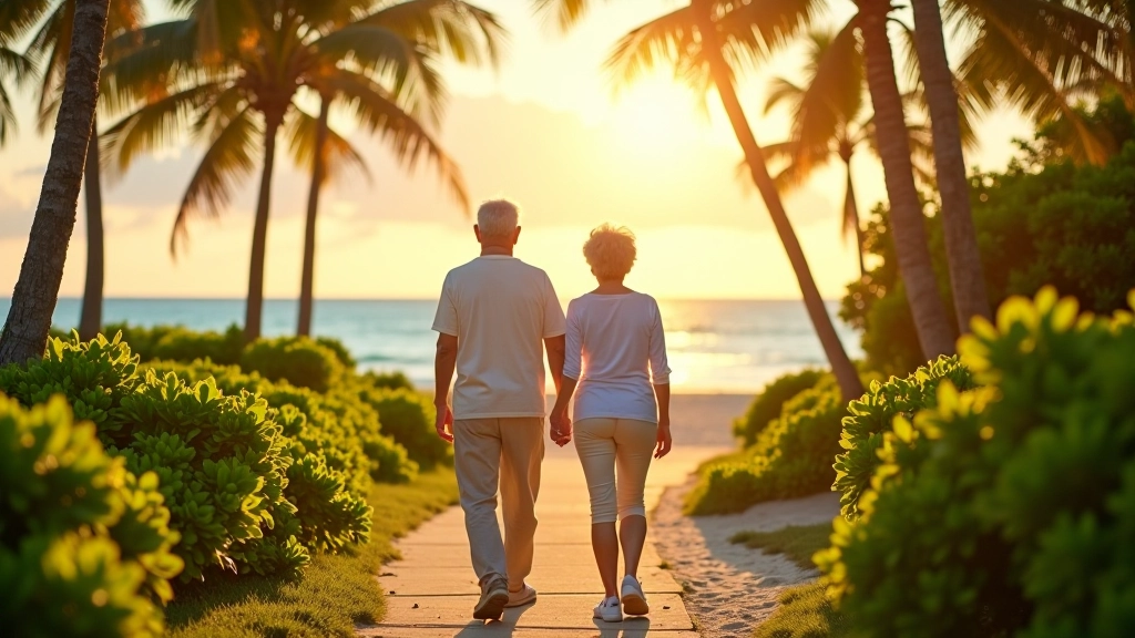 Pareja de jubilados caminando por un sendero tropical en Luquillo